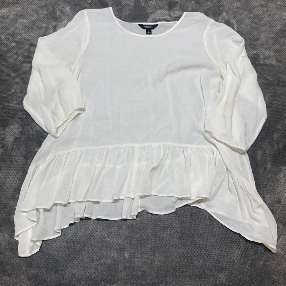 Simply Vera Vera Wang White Rayon Peplum Boho Blouse 3/4 Sleeve Top Large